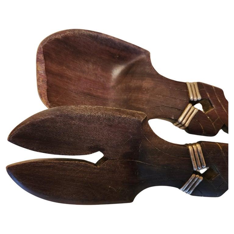Mid-Century Modern 1950s William Spratling Wood Sterling Silver Salad Server Set Mexico