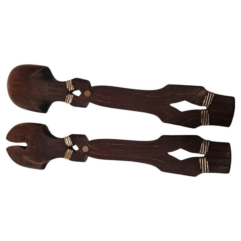 1950s William Spratling Wood Sterling Silver Salad Server Set Mexico 1