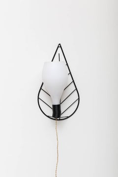 1950s Leaf Wall Sconce with Black Enameled Metal Frame and Milk Glass Shade
