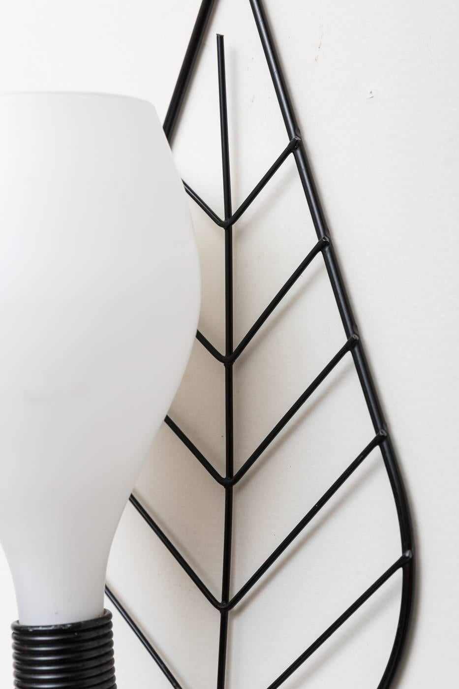 Mid-20th Century 1950s Wire Leaf Milk Glass and Black Wire Wall Sconce For Sale