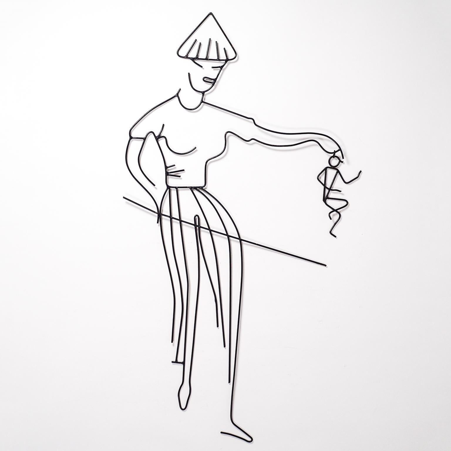 Charming midcentury wall sculpture depicting an apparently upset or angry woman carrying a tiny man about to be punished by the stick she is holding. Made of black lacquered wire this piece has a lovely graphical fluidity to it, as if drawn with a