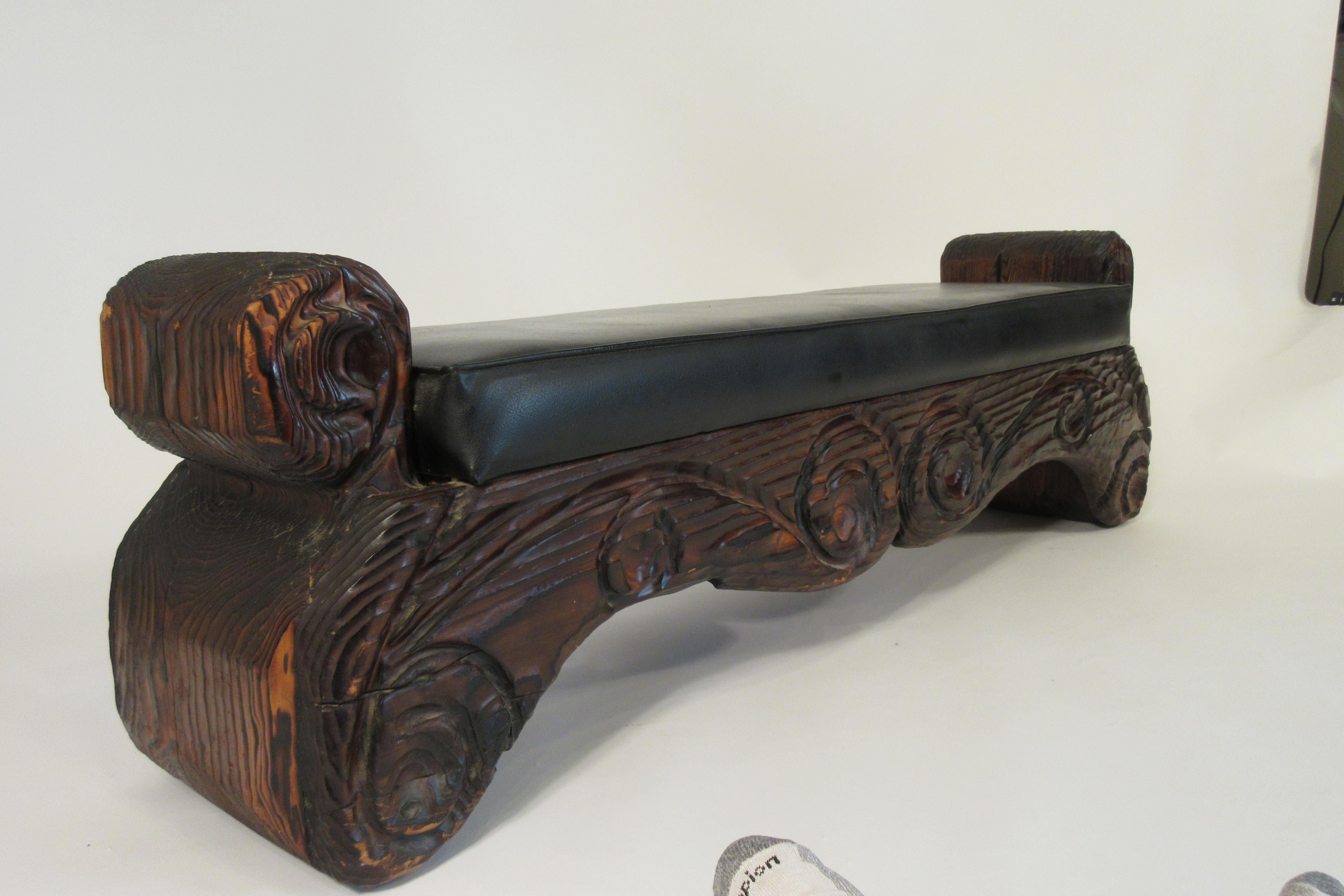 1950s Witco carved wood bench with original vinyl seat.