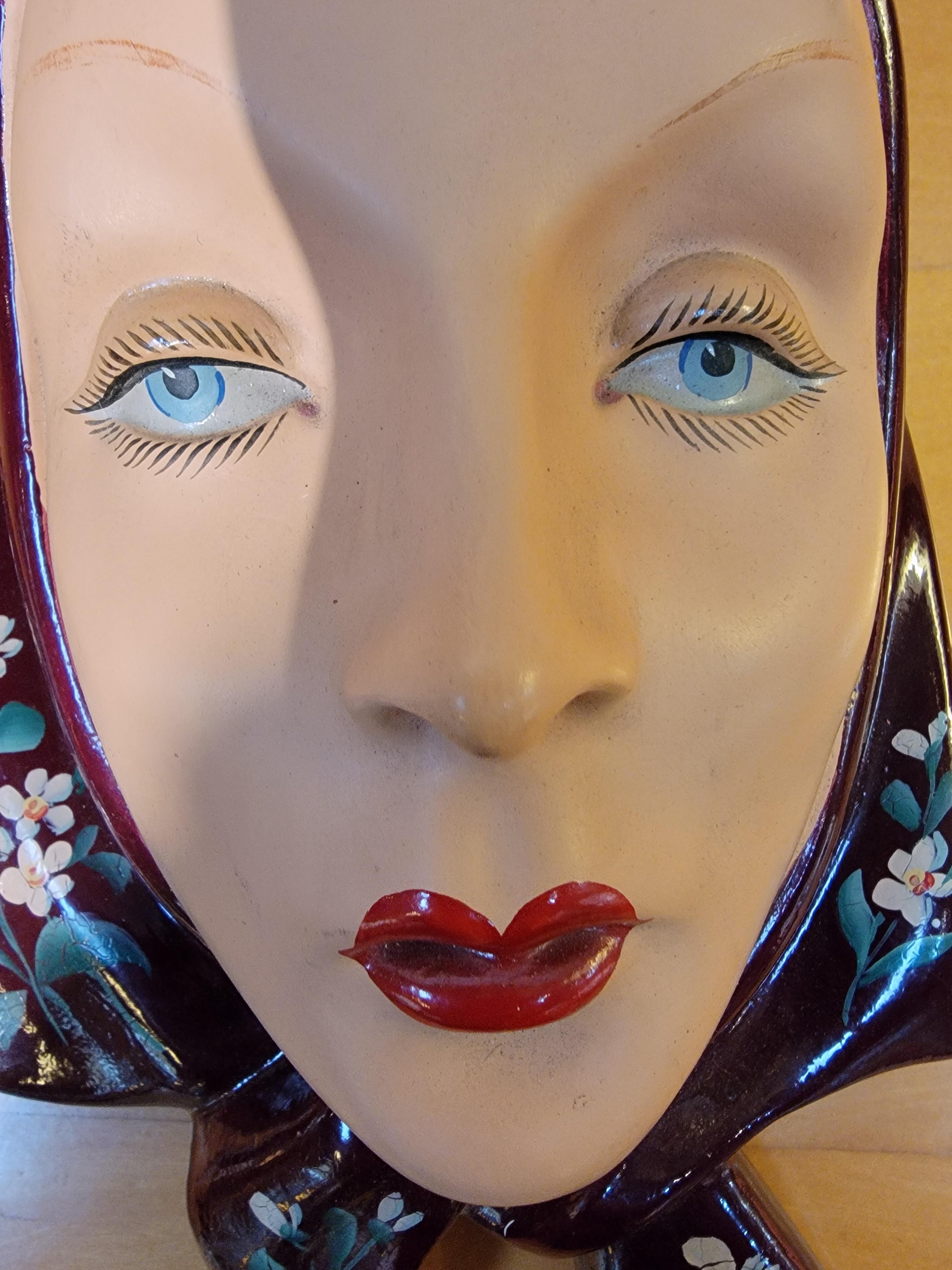 Hand-Painted 1950's Woman in Scarf Hand Painted Wall Art / Sconce For Sale