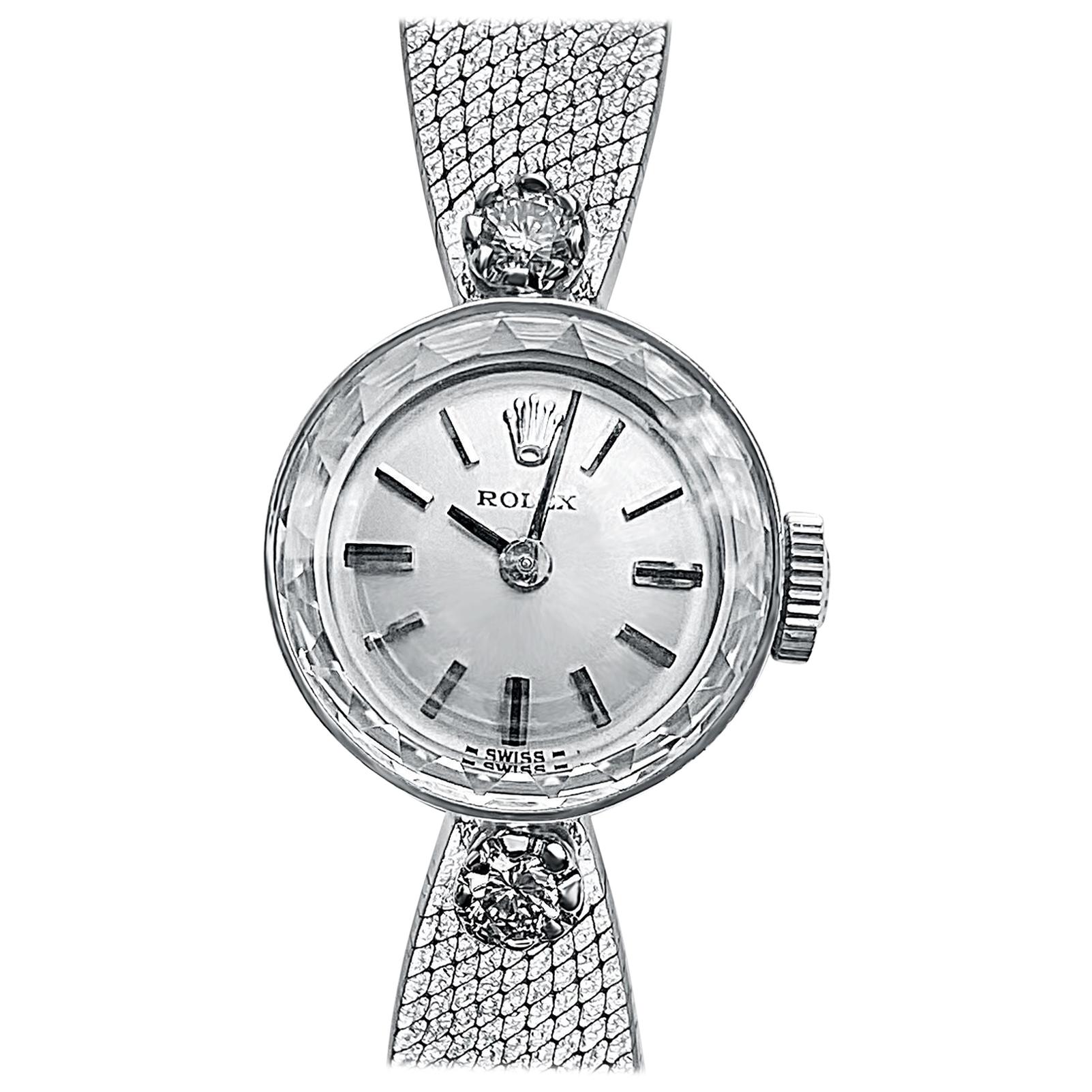 1950s Womens Rolex Diamond and 14K White Gold Wristwatch