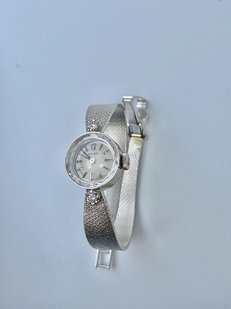 Retro 1950s Womens Rolex Diamond and 14K White Gold Wristwatch