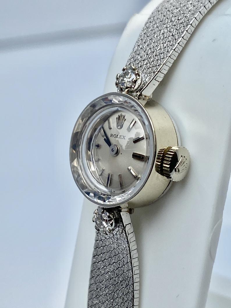 Round Cut 1950s Womens Rolex Diamond and 14K White Gold Wristwatch