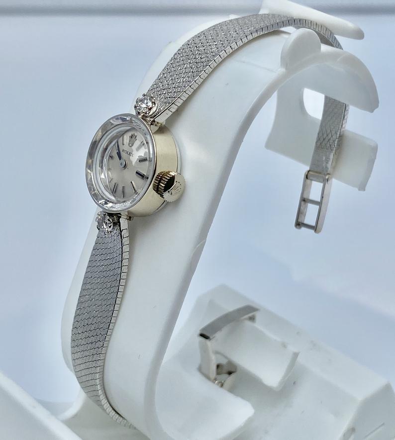 1950s Womens Rolex Diamond and 14K White Gold Wristwatch In Excellent Condition In Miami, FL