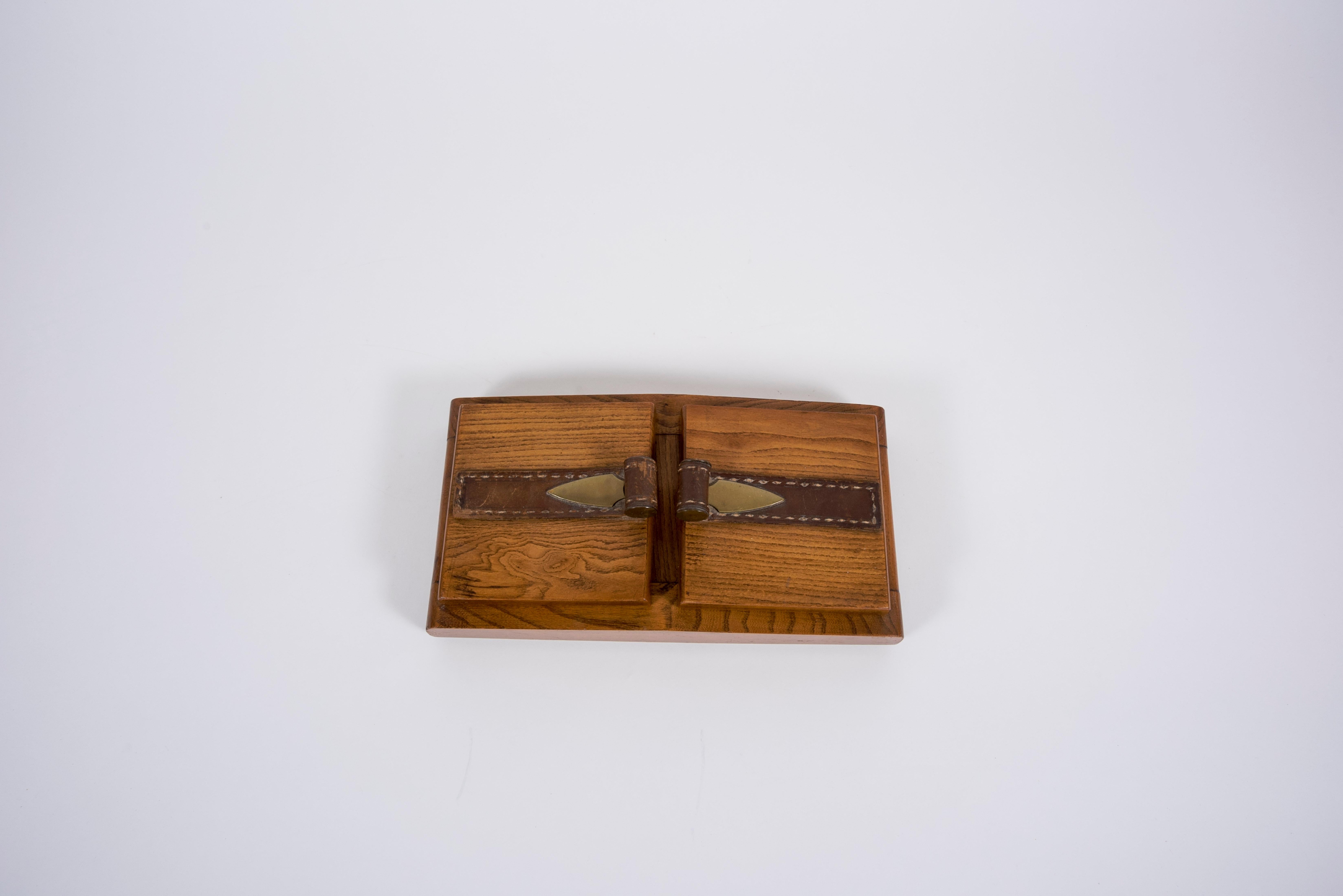 Mid-20th Century 1950's Wood and Stitched Leather Box by Jacques Adnet For Sale