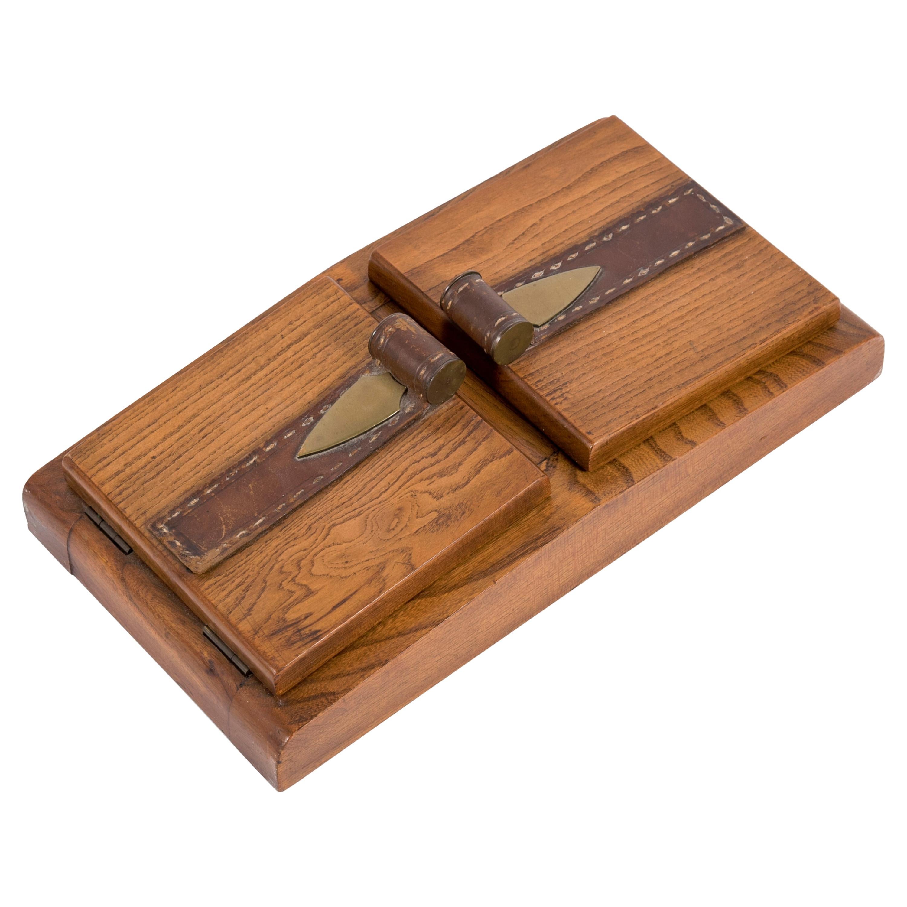 Caja de madera y cuero cosido de los años 50 de Jacques Adnet