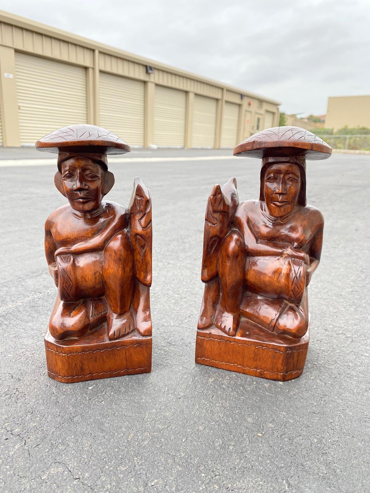 1950's Wood Carved Polynesian Couple Bookends For Sale 3