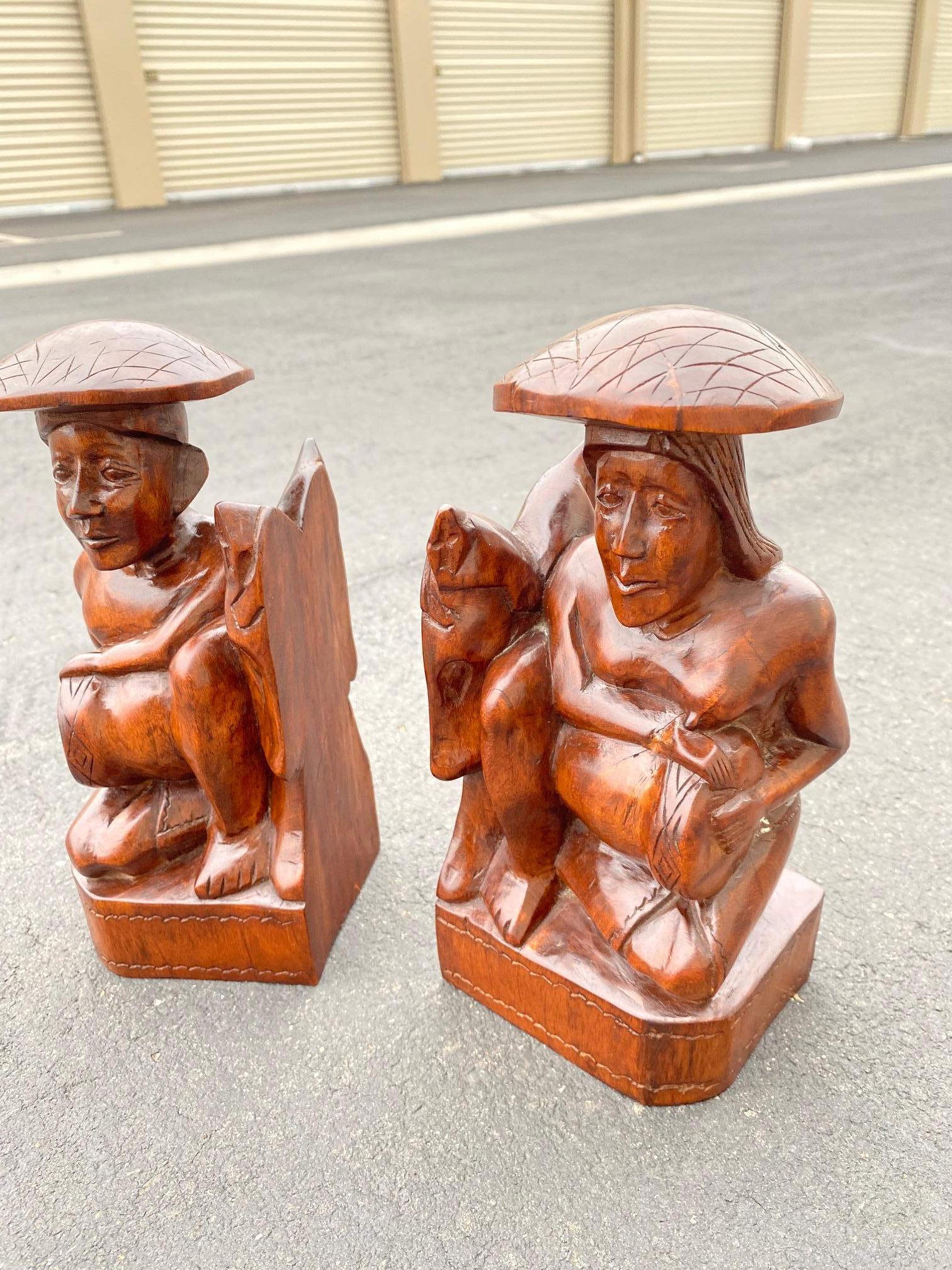 Mid-Century Modern 1950's Wood Carved Polynesian Couple Bookends For Sale