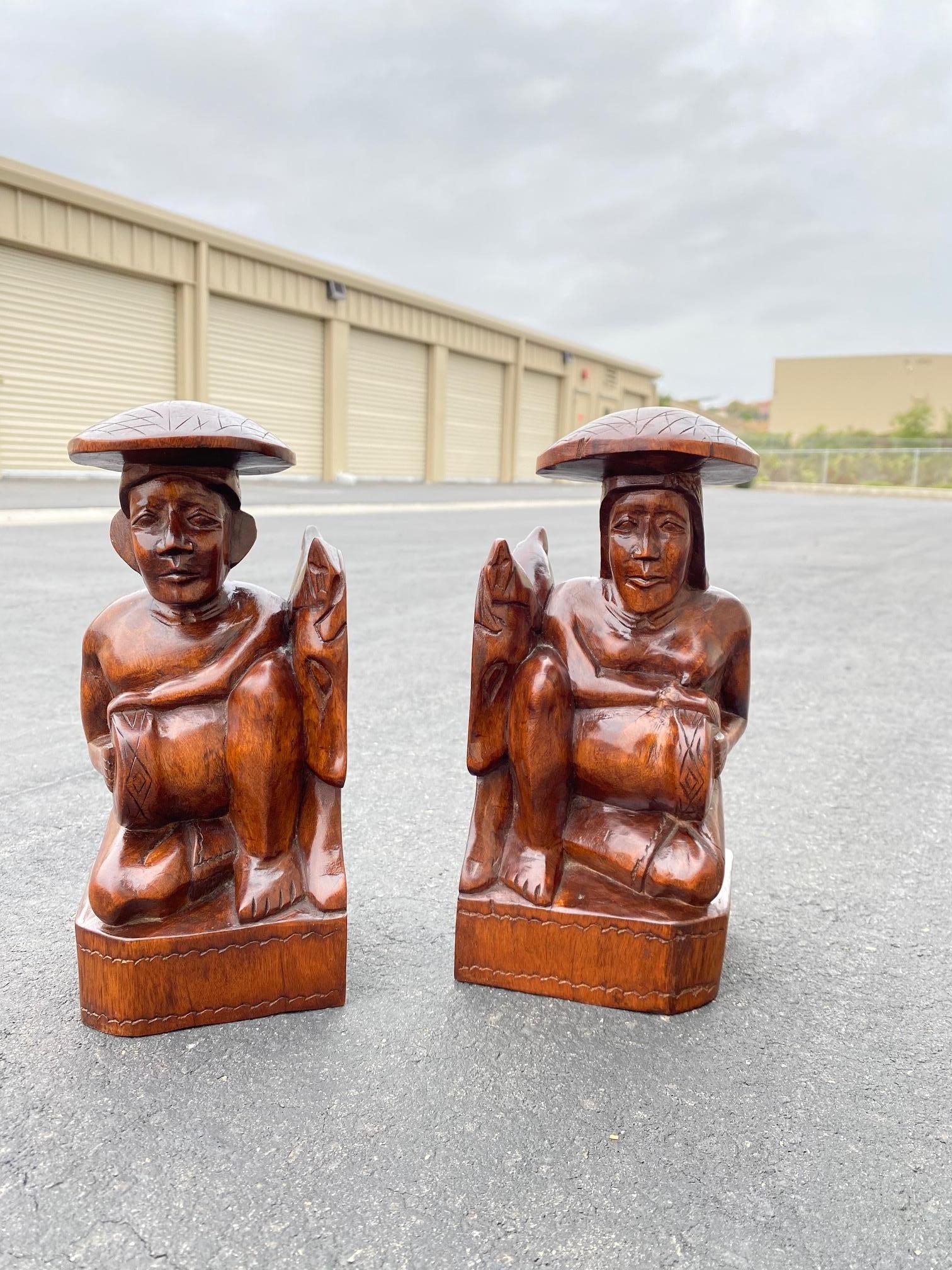Mid-20th Century 1950's Wood Carved Polynesian Couple Bookends For Sale