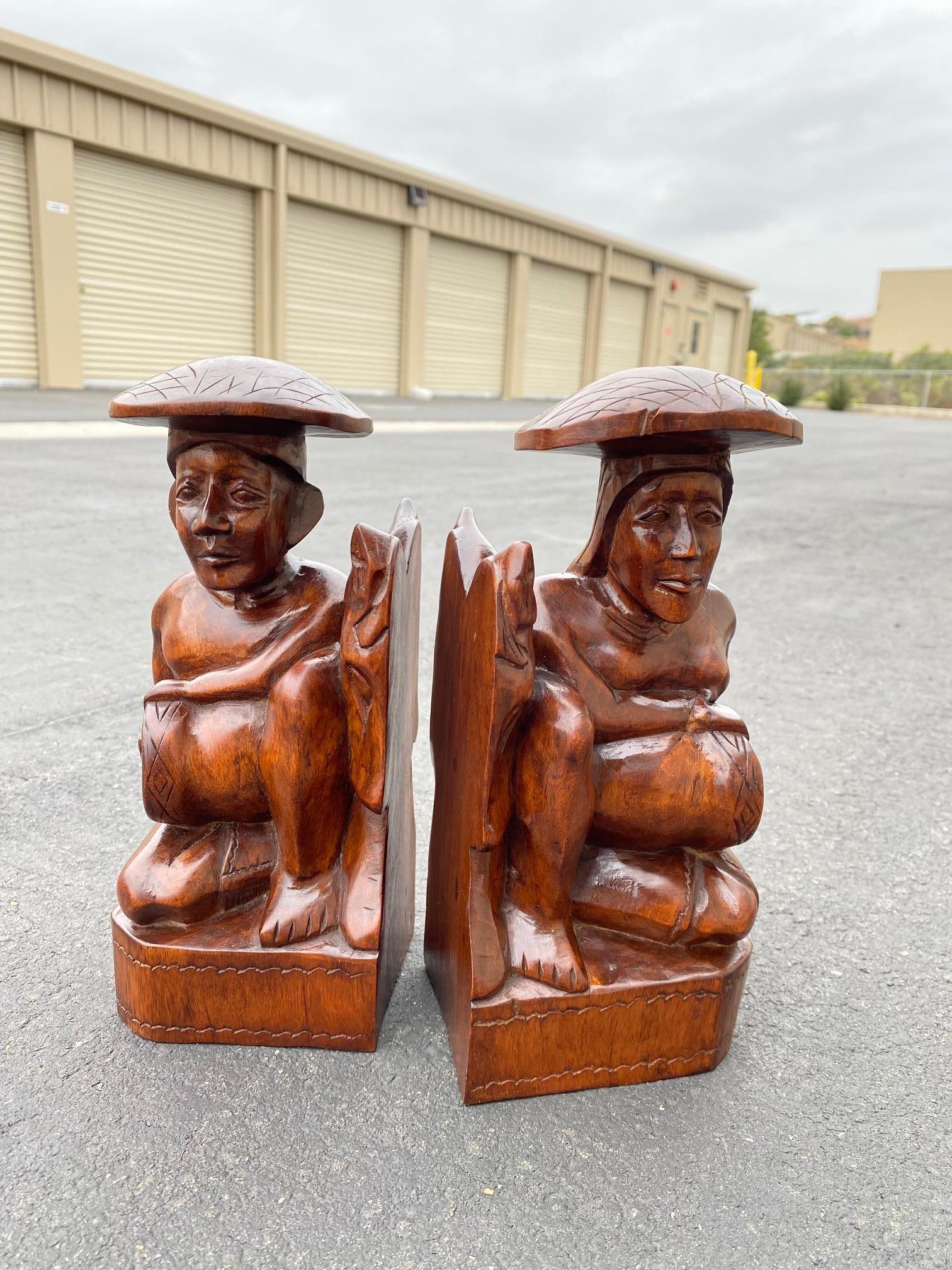 1950's Wood Carved Polynesian Couple Bookends For Sale 1