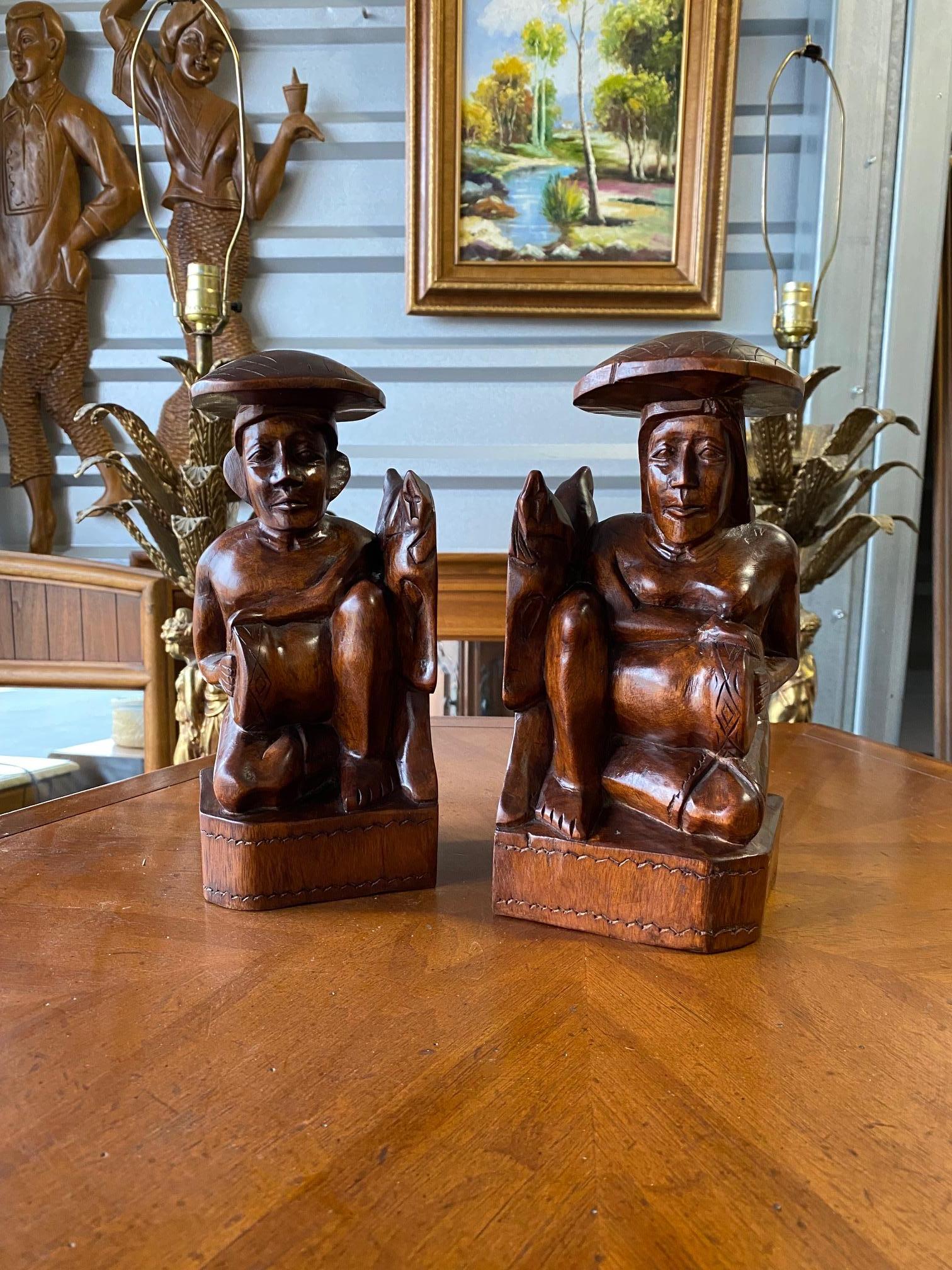 1950's Wood Carved Polynesian Couple Bookends For Sale 2