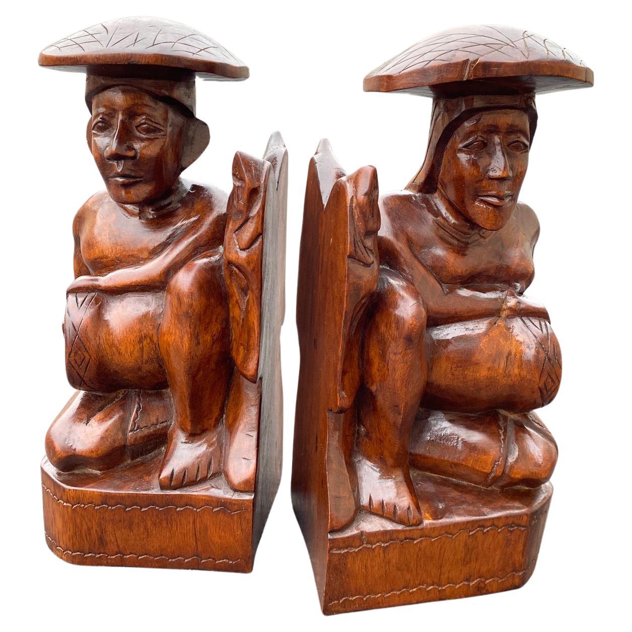 1950's Wood Carved Polynesian Couple Bookends For Sale
