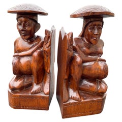 Antique 1950's Wood Carved Polynesian Couple Bookends