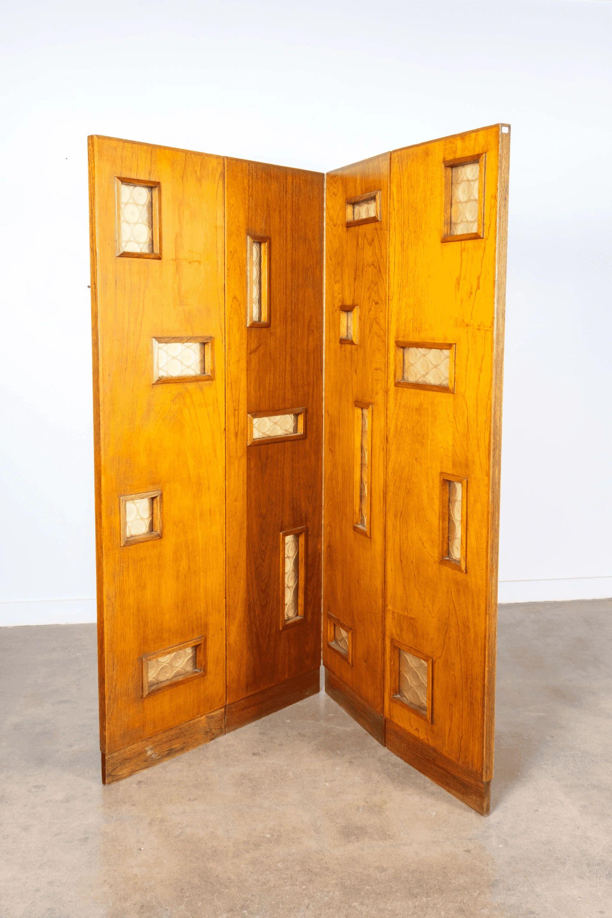 Modern 1950s Wood Screen with Glass Inlays For Sale
