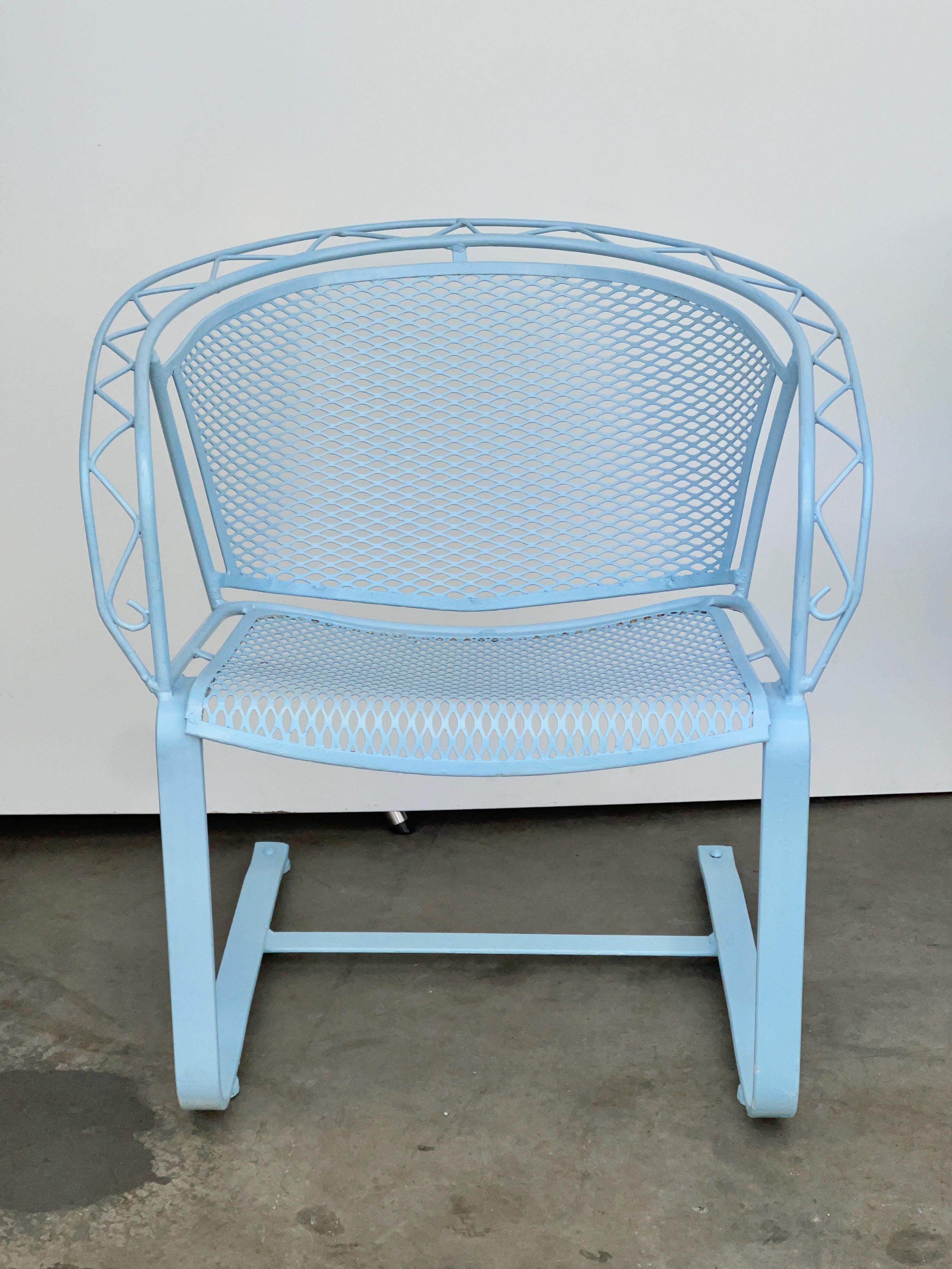 BG GALLERIES Rites of Spring Sale

Vintage 1950s Woodard baby blue painted wrought iron seating group consisting of a pair of bouncer armchairs and a two-seat settee.

Dimensions:

Chairs
Height 28”
Width 24”
Depth 28”
Seat Height 16”

Settee
Height