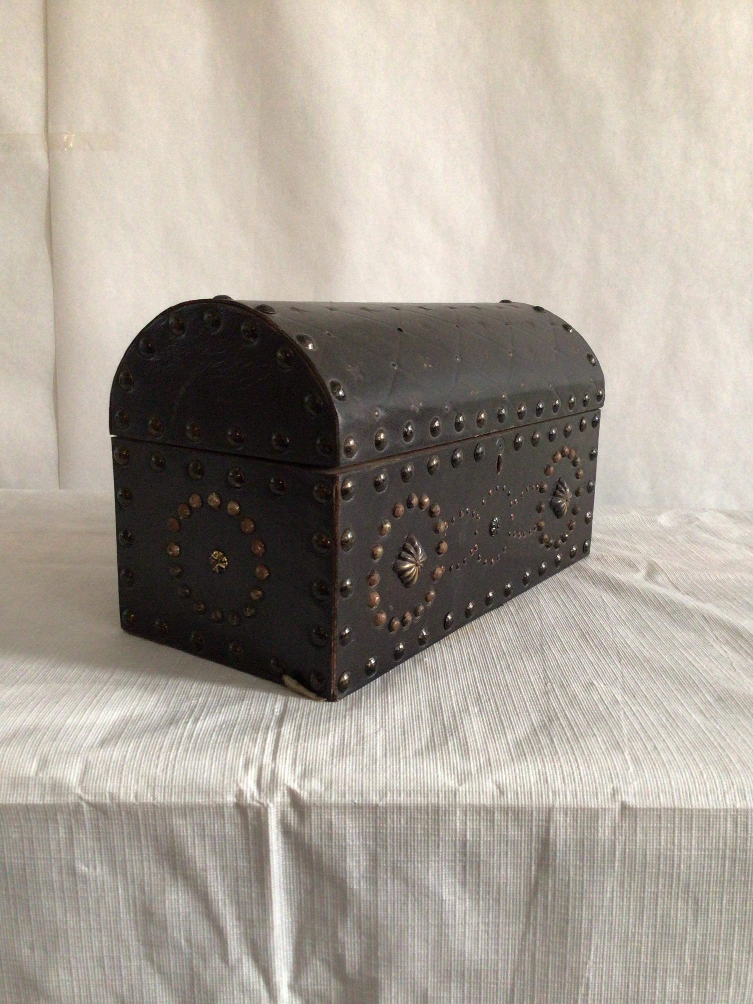 Spanish 1950s Wooden Box with Leather and Metal Studs
