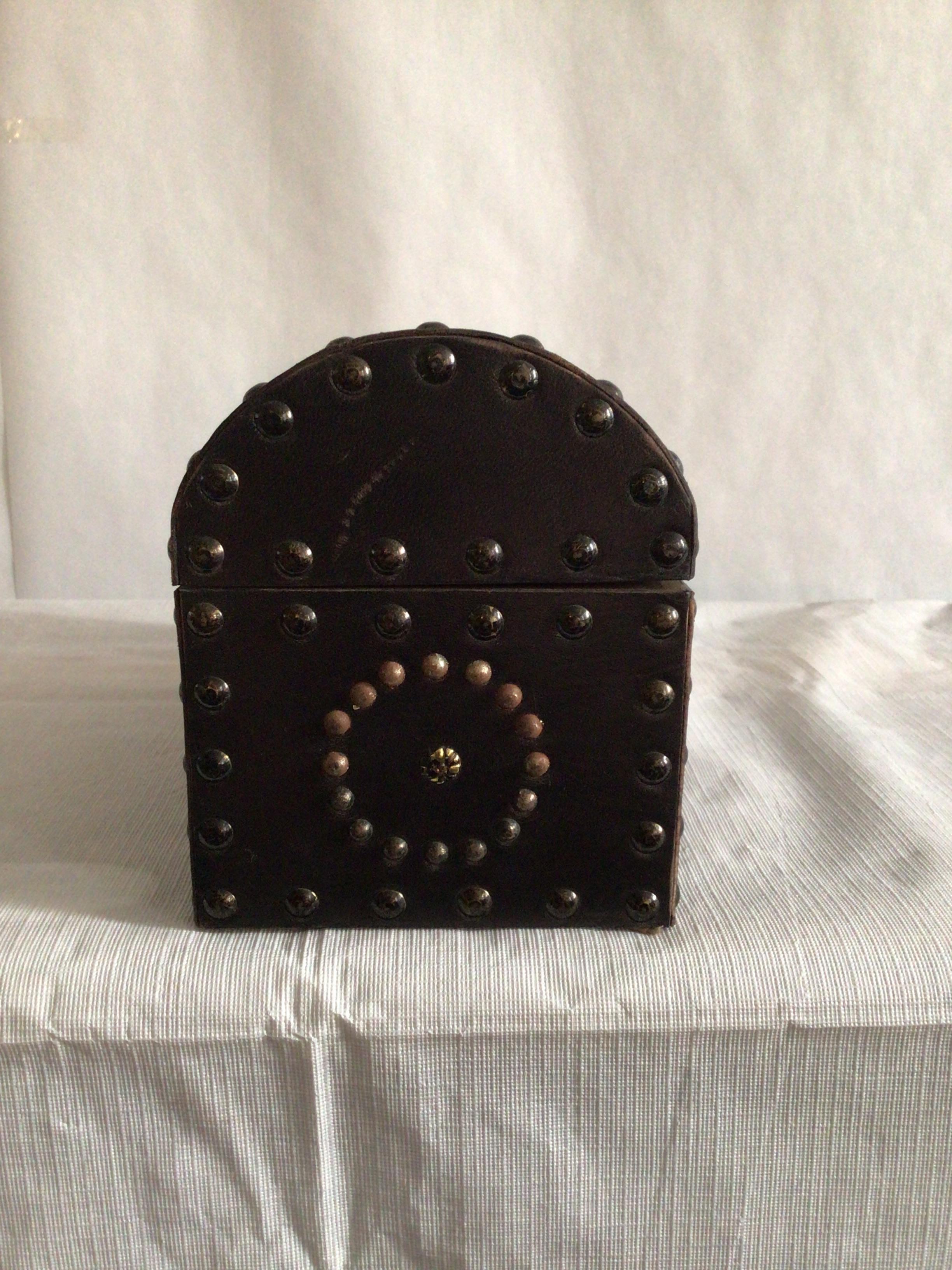 1950s Wooden Box with Leather and Metal Studs In Good Condition In Tarrytown, NY