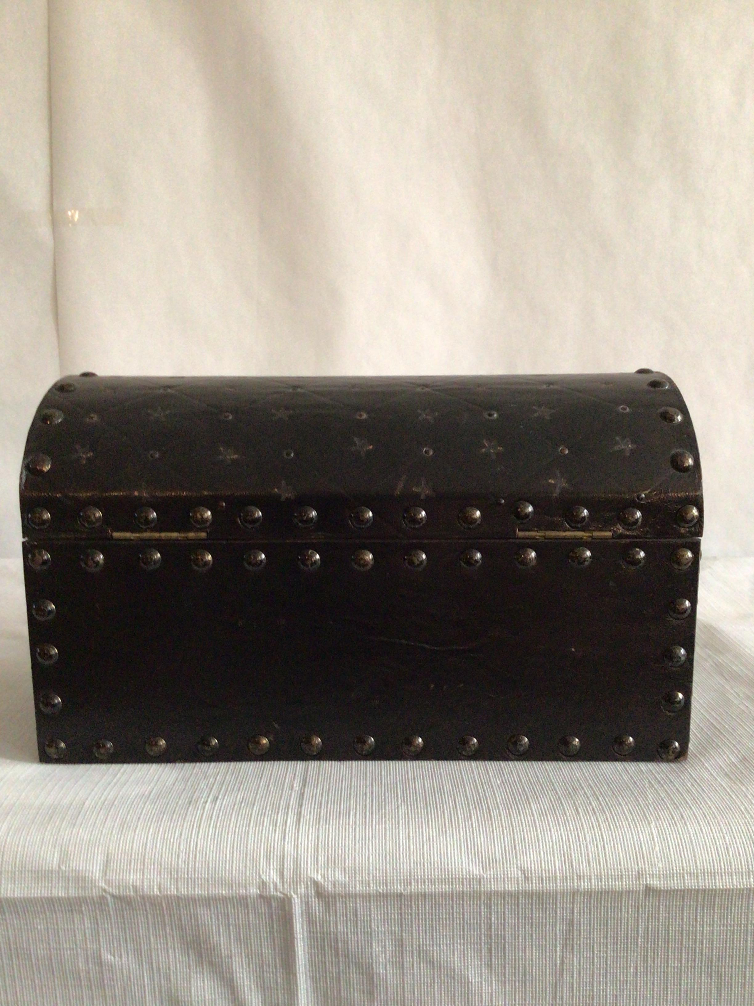 Mid-20th Century 1950s Wooden Box with Leather and Metal Studs