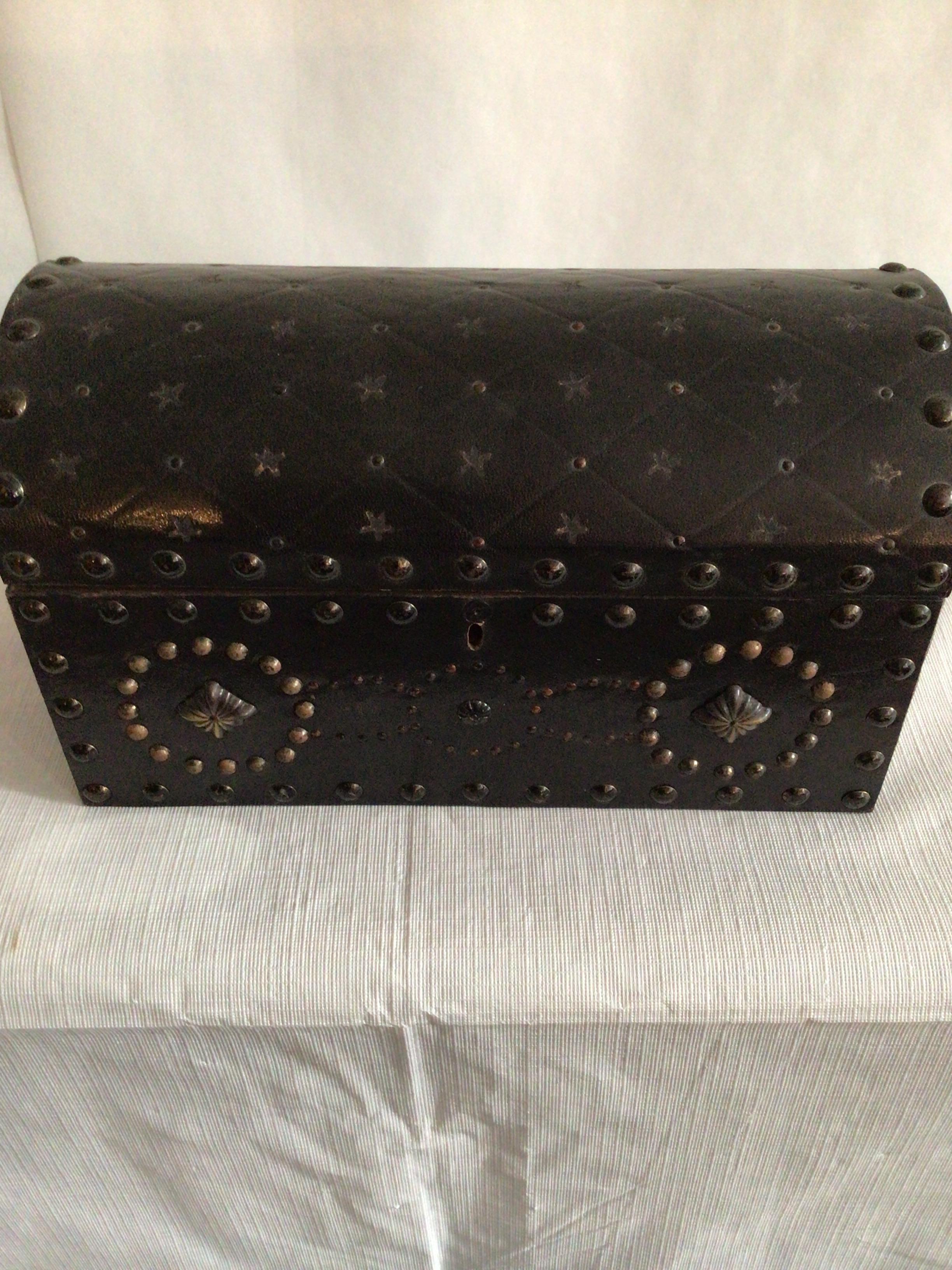 1950s Wooden Box with Leather and Metal Studs 1