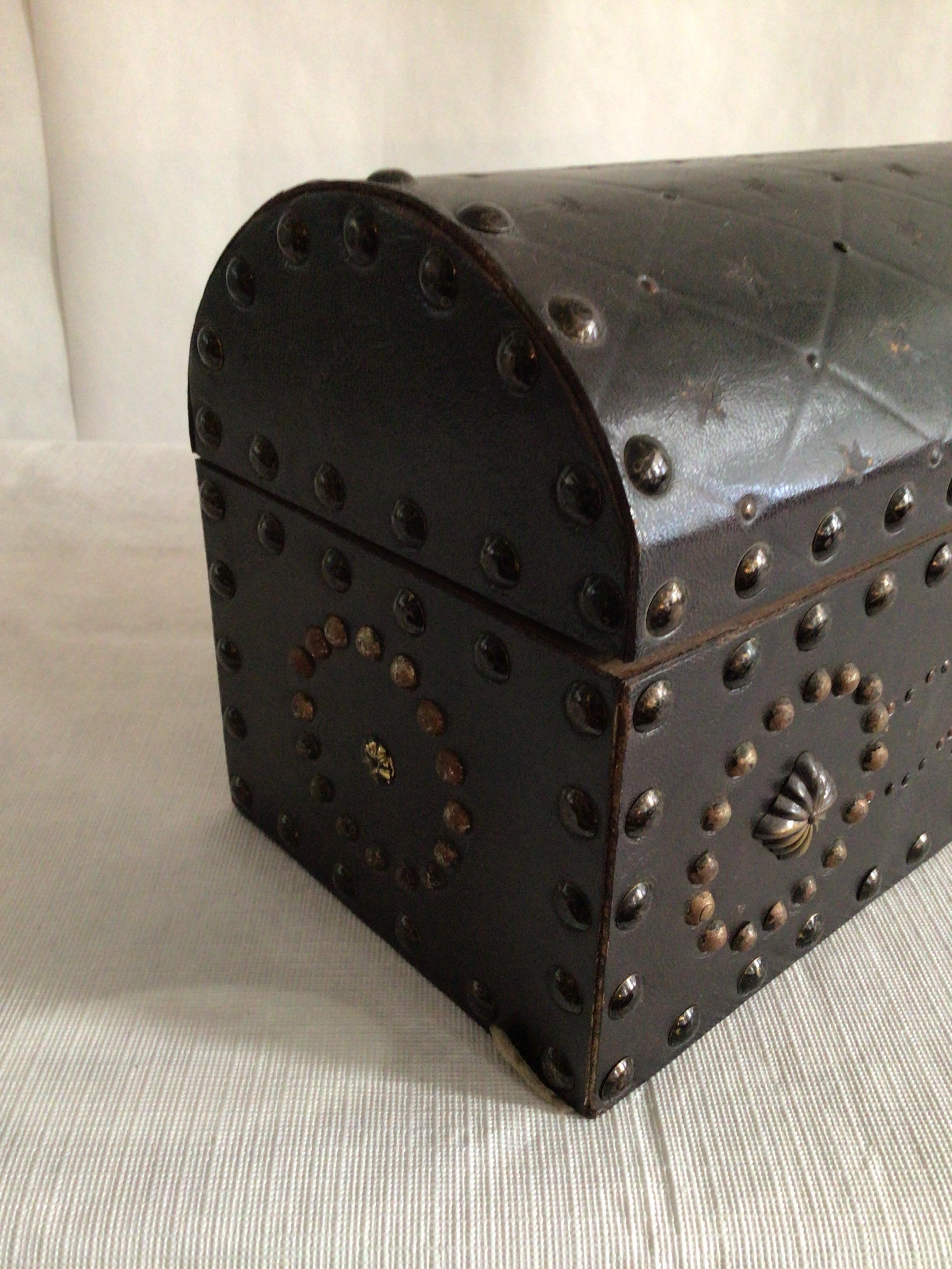 1950s Wooden Box with Leather and Metal Studs 3