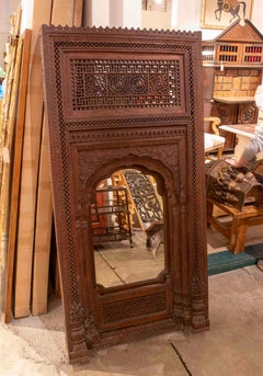 1950s Wooden Carved Mirror with Indo-Moorish Architectural Frame