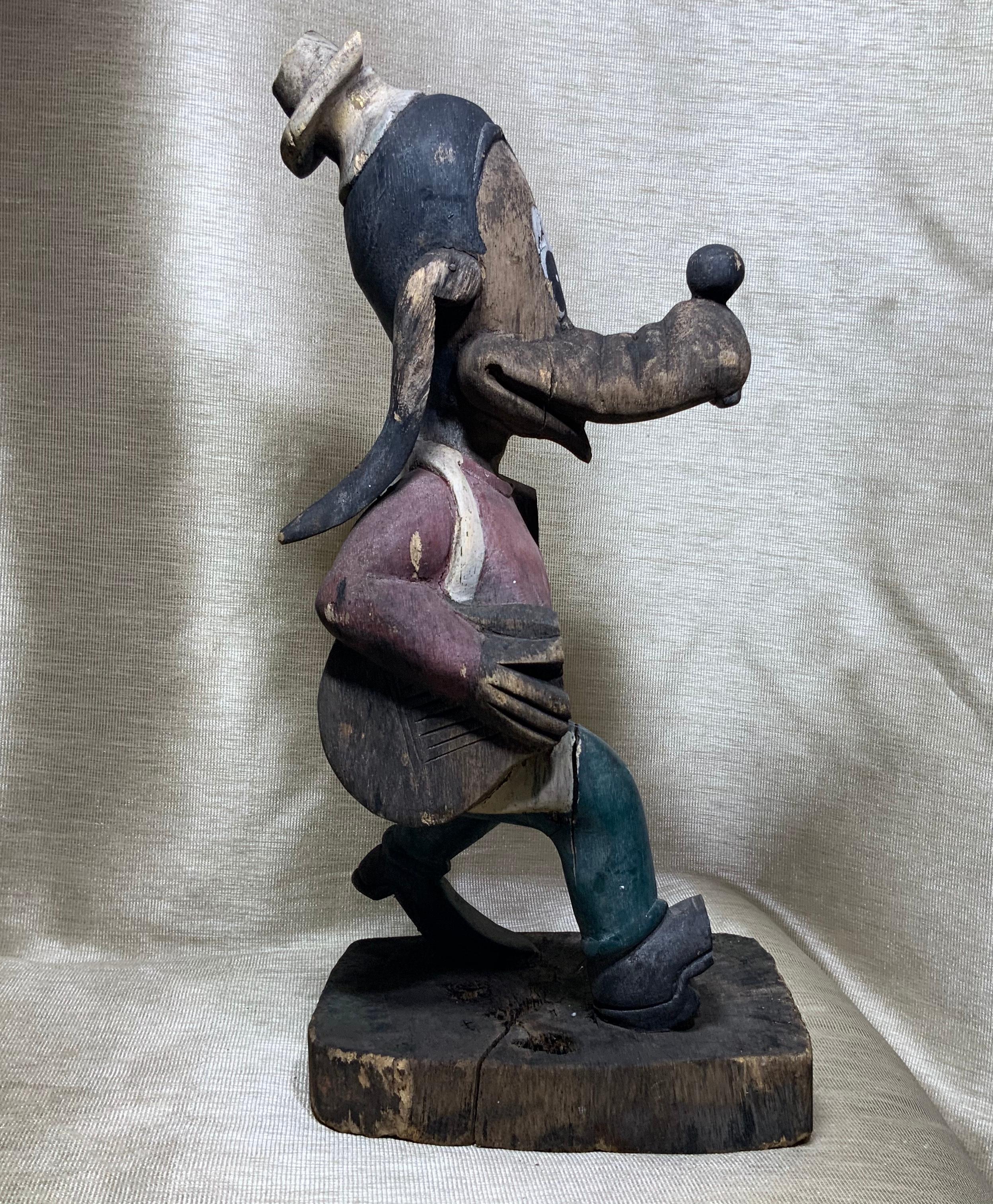 Hand-Carved 1950s Wooden Disney Goofy Mouse Sculpture