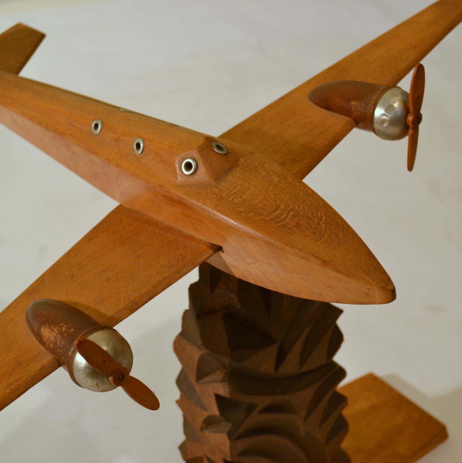 Hand-Carved 1950s Wooden Airplane Model Sculpture
