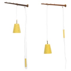 1950s Wooden Stems and Yellow Shades Wall Lamps by J.T. Kalmar