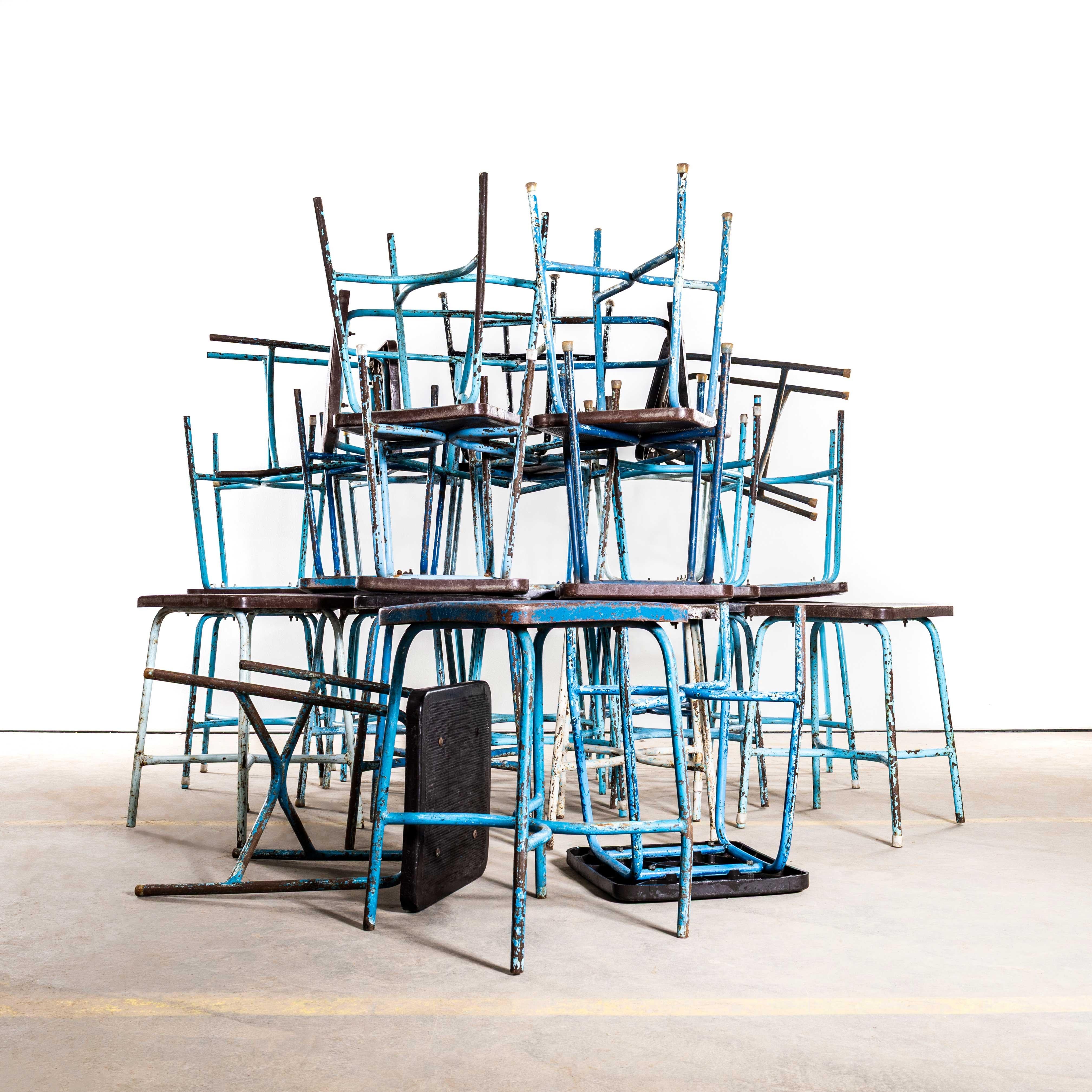 1950’s Workshop Stools Original Bakelite Seats. 
Great practical stools full of tons of character. Heavy duty steel frames painted and overpainted with pressed Bakelite seats, some overpainted some plain Bakelite. Our workshop team clean and service