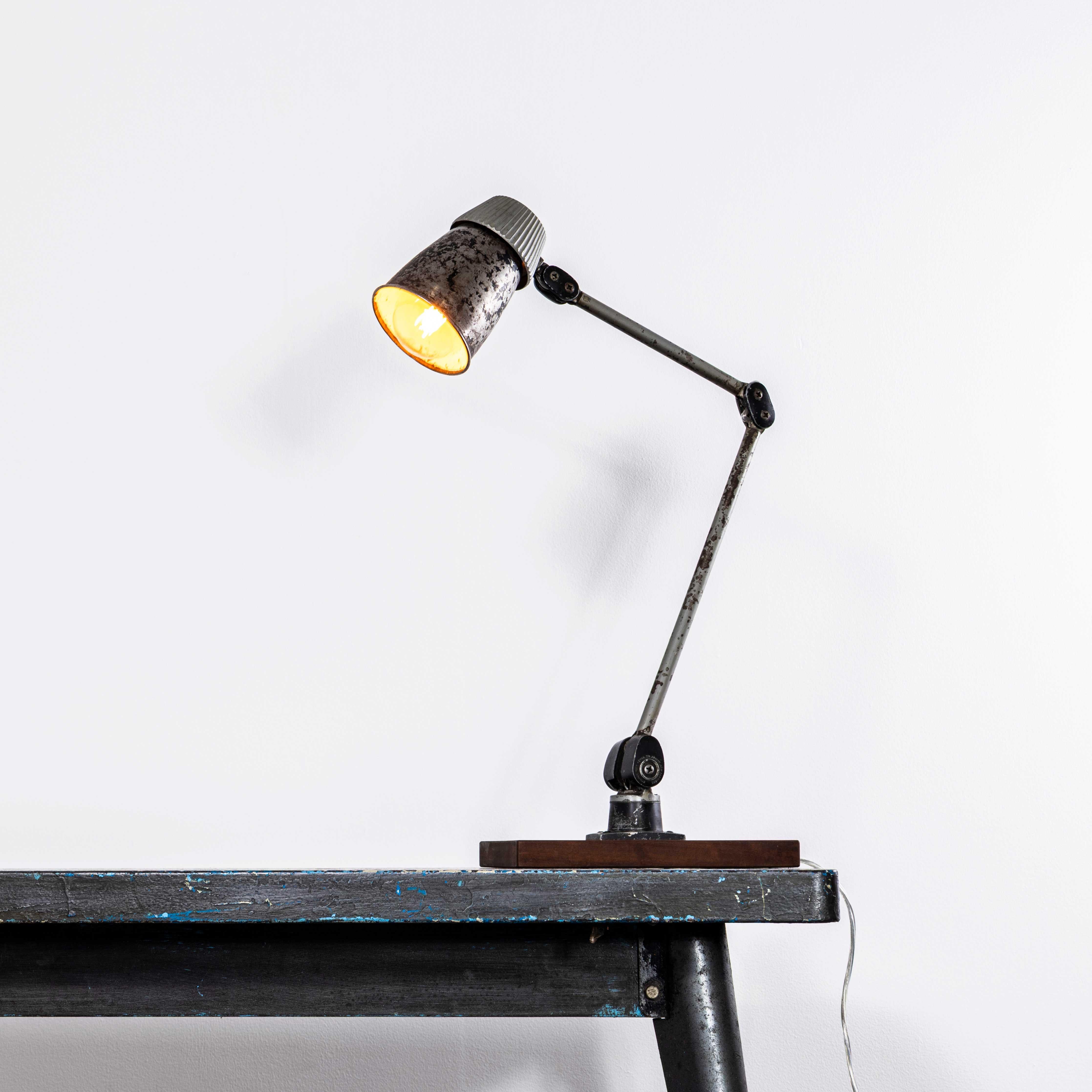1950’s Workshop Task Lamp BHI Lo-Vo-Lite. 
The lamp was produced by the BHI lighting company, an abbreviation for Brookhurst Igranic. The Lo – Vo Lite was widely used in workshops and factories in mid century period. The lamp has been cleaned and