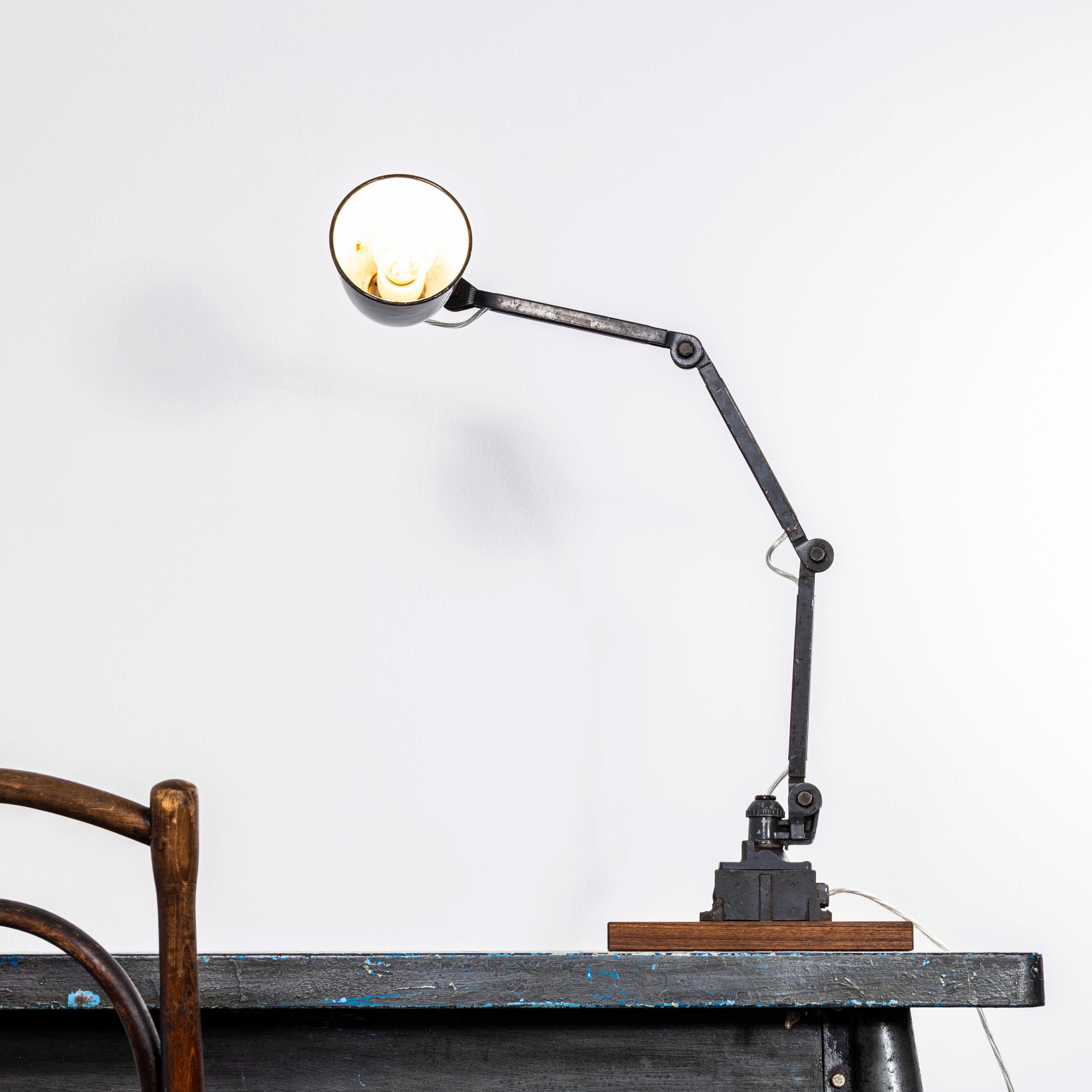 1950’s Workshop Task Lamp By EDL. 
The lamp was produced by EDL Lighting Ltd, a British company founded in Staffordshire in 1922. The lamp has been cleaned and restored but we have left the history and character. The lamp is individually tested and