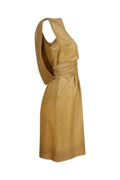 1950s Worth British Haute Couture Gold Lamé Cocktail Dress with Cape