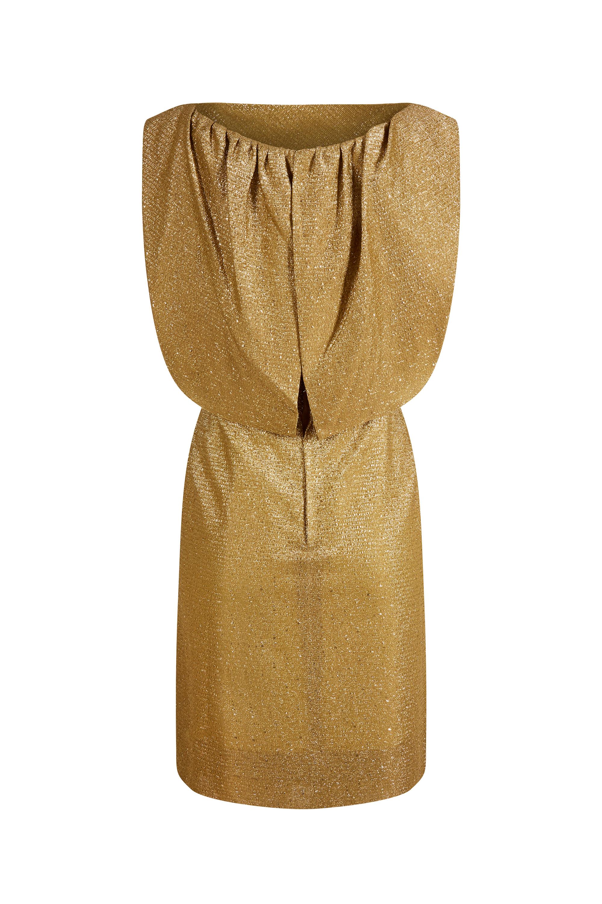 Brown 1950s Worth British Haute Couture Gold Lamé Cocktail Dress with Cape