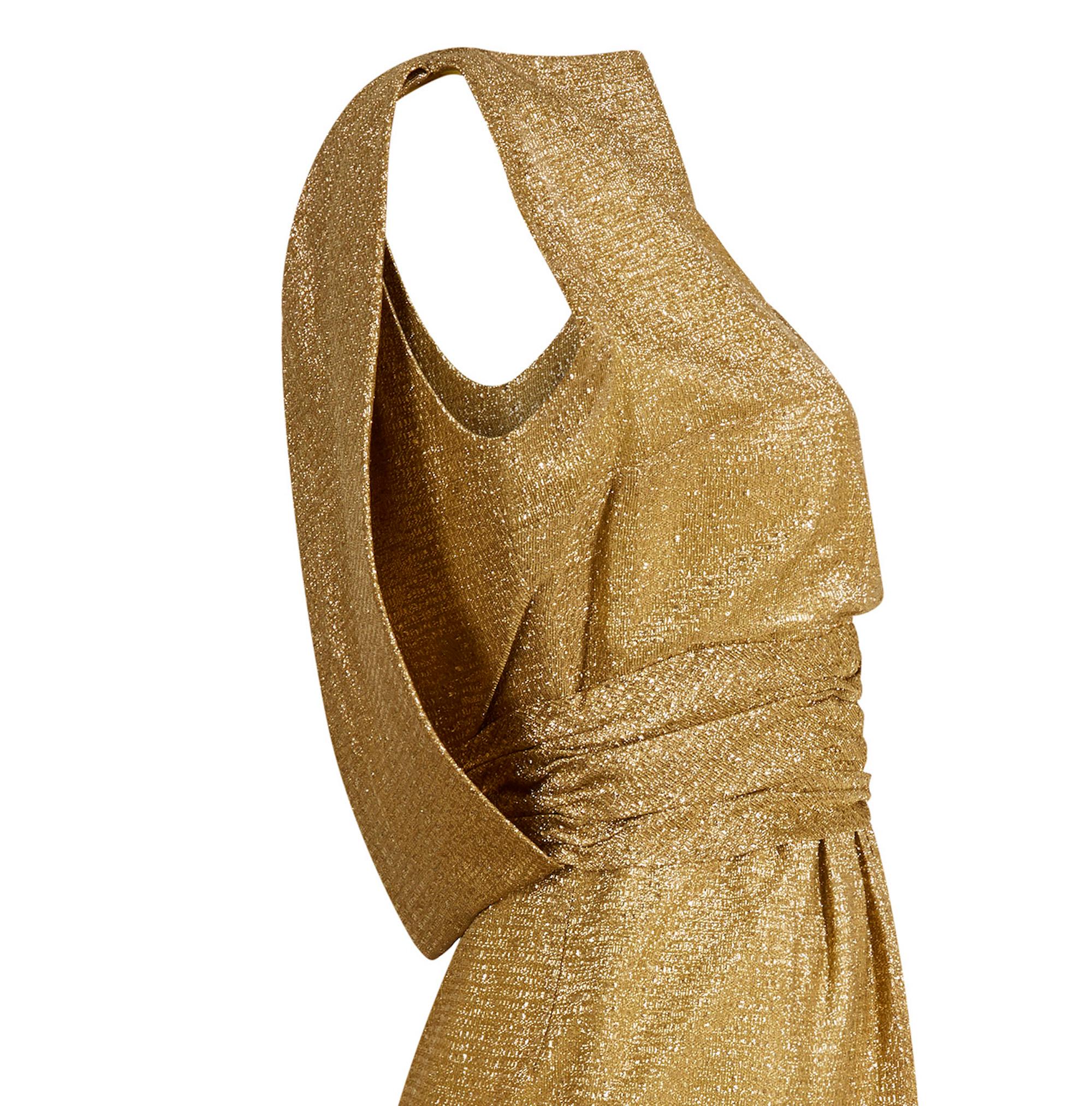 1950s Worth British Haute Couture Gold Lamé Cocktail Dress with Cape In Excellent Condition In London, GB
