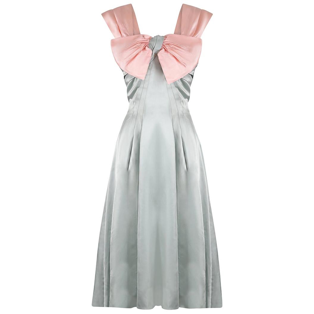 1950s Worth Couture Silver Grey and Pale Pink Satin Dress