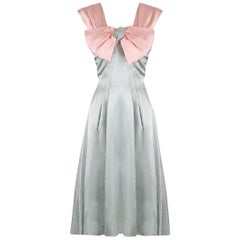 1950s Worth Couture Silver Grey and Pale Pink Satin Dress