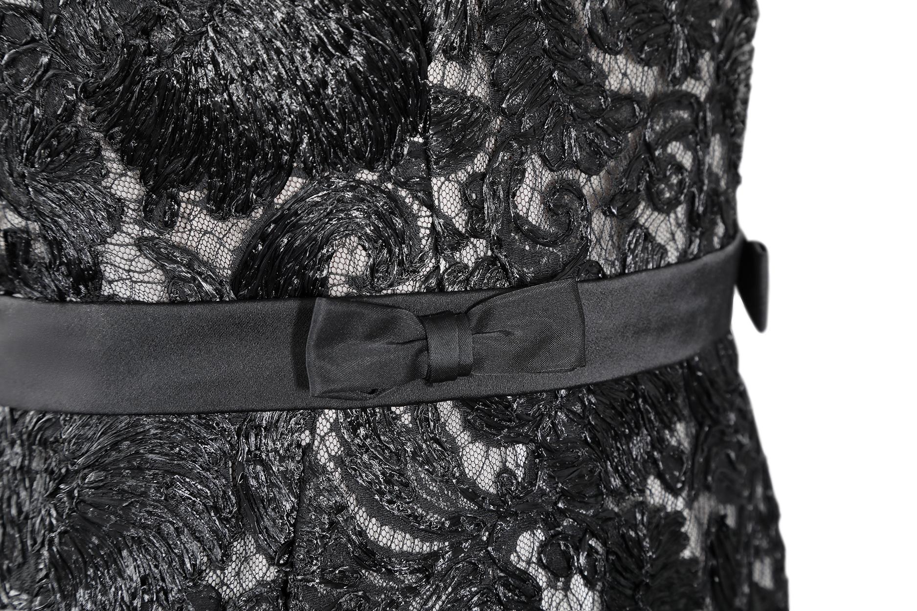 Women's 1950s Worth Demi Couture Black Raffia Cocktail Dress With Silk Belt Detail