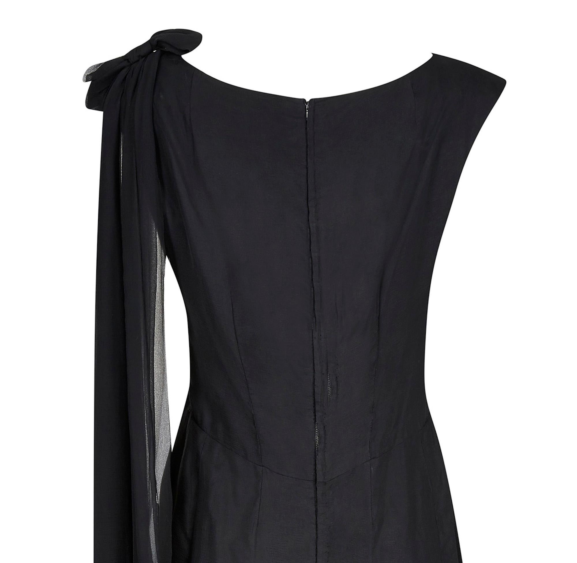 1950s Worth Demi Couture Black Silk Chiffon Dress 1