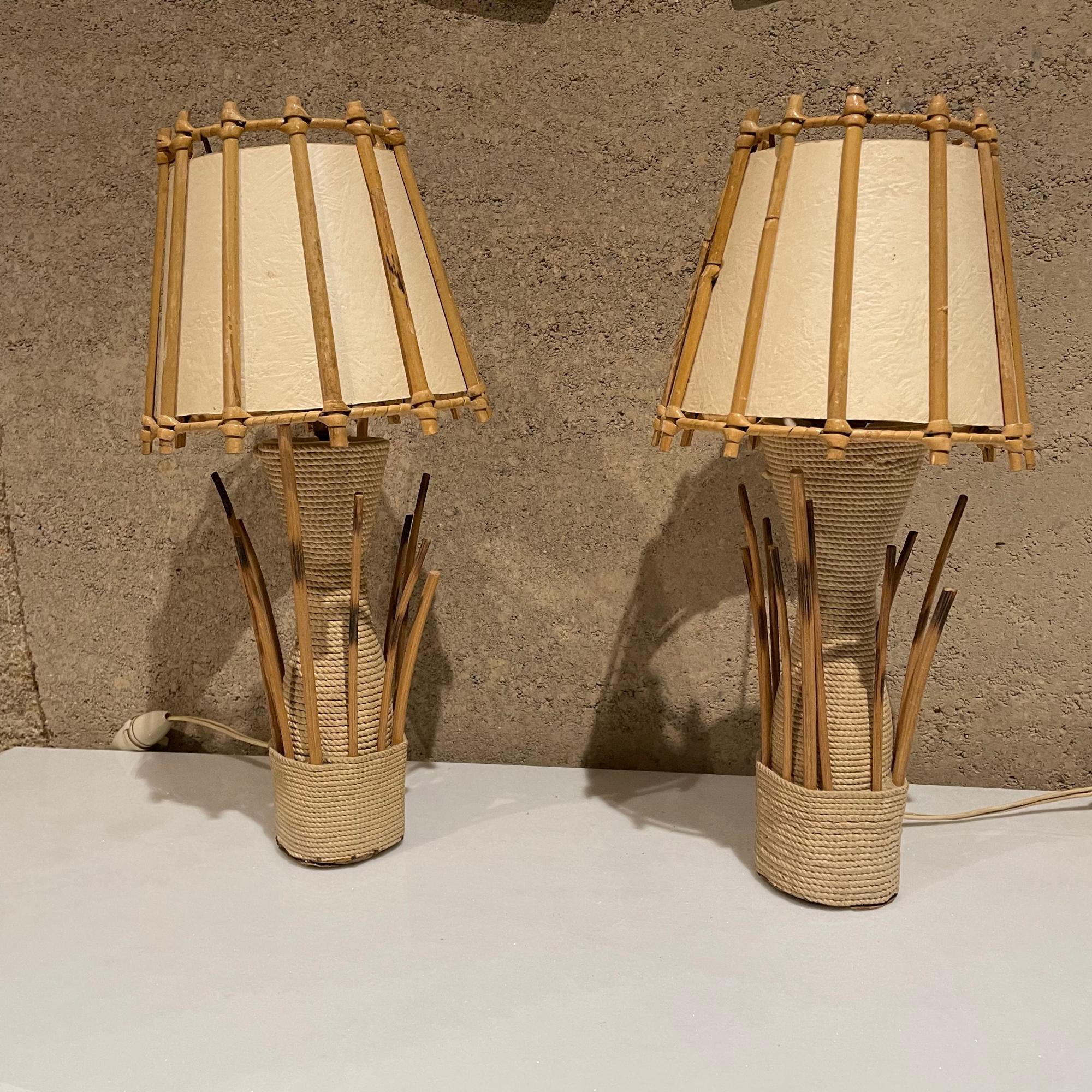 1950s French Rattan Woven Table Lamps Style of Louis Sognot France In Good Condition In Chula Vista, CA