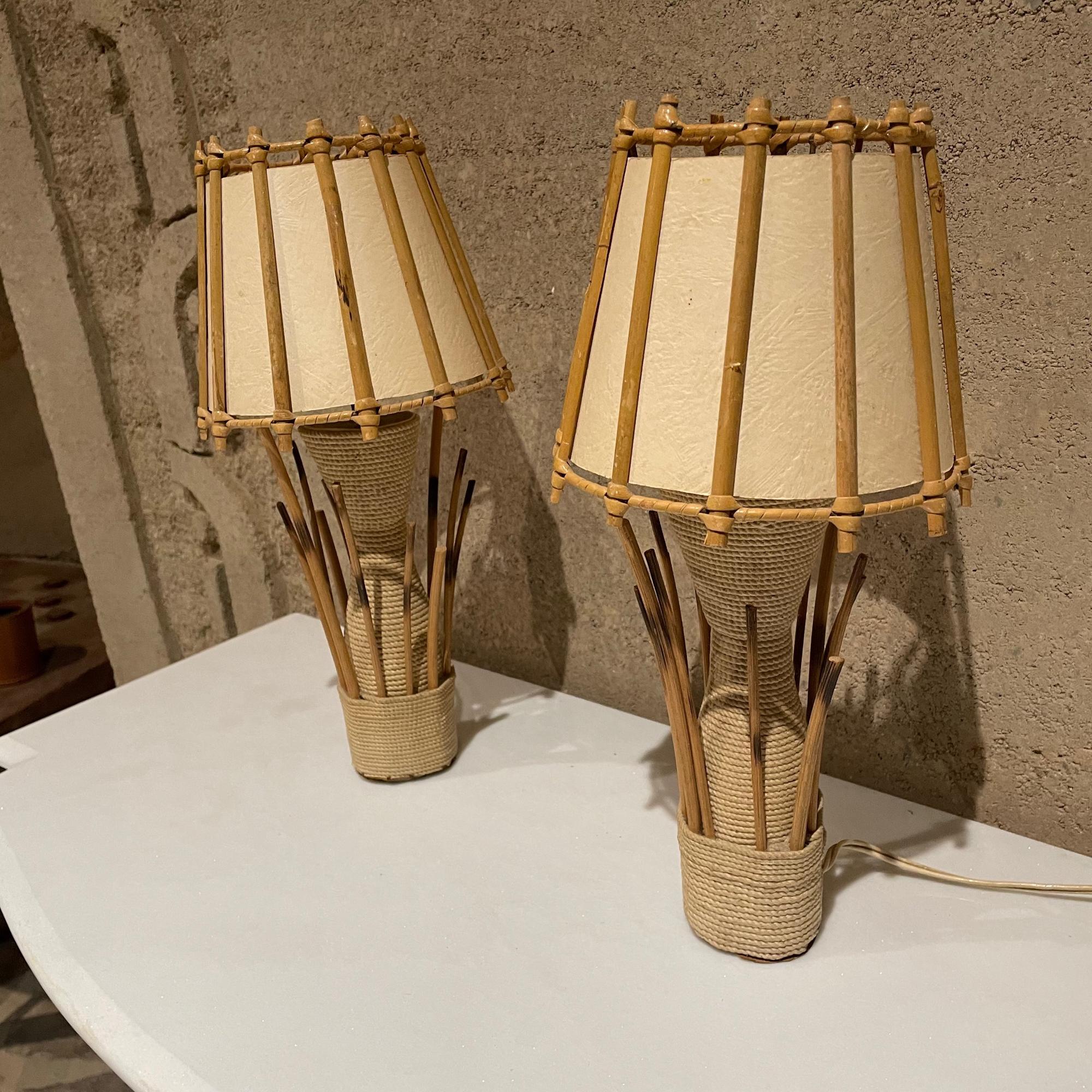 Bamboo 1950s French Rattan Woven Table Lamps Style of Louis Sognot France