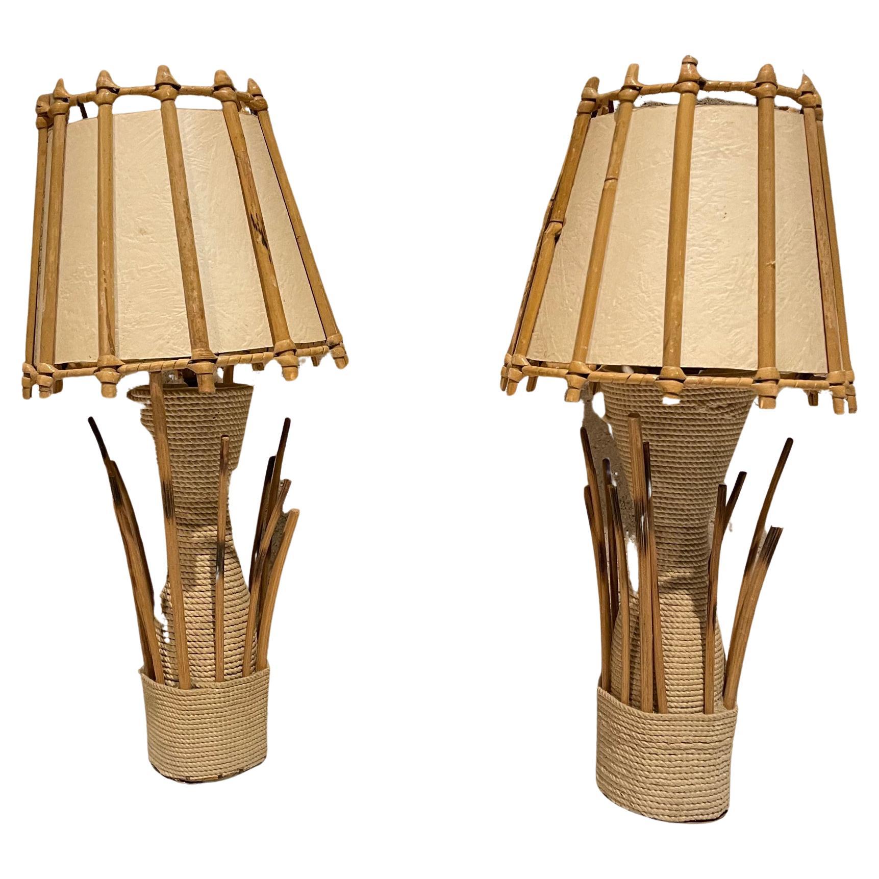 French Lamps
1950s French Rattan Bamboo Woven Table Lamp pair style of Louis Sognot FRANCE
Unmarked
13.5 tall x 6.5 diameter
Preowned original restored vintage condition: rewired, new plugs, requires 2 Bayonet French bulbs not included.
Refer to