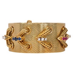 1950s Woven Gold Bracelet with Diamond, Sapphire, and Ruby-Set Laced Detail