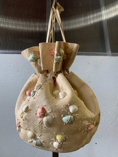 1950s Woven Panama Straw Drawstring Pouch Purse W/ Pastel Seashell Embellishment