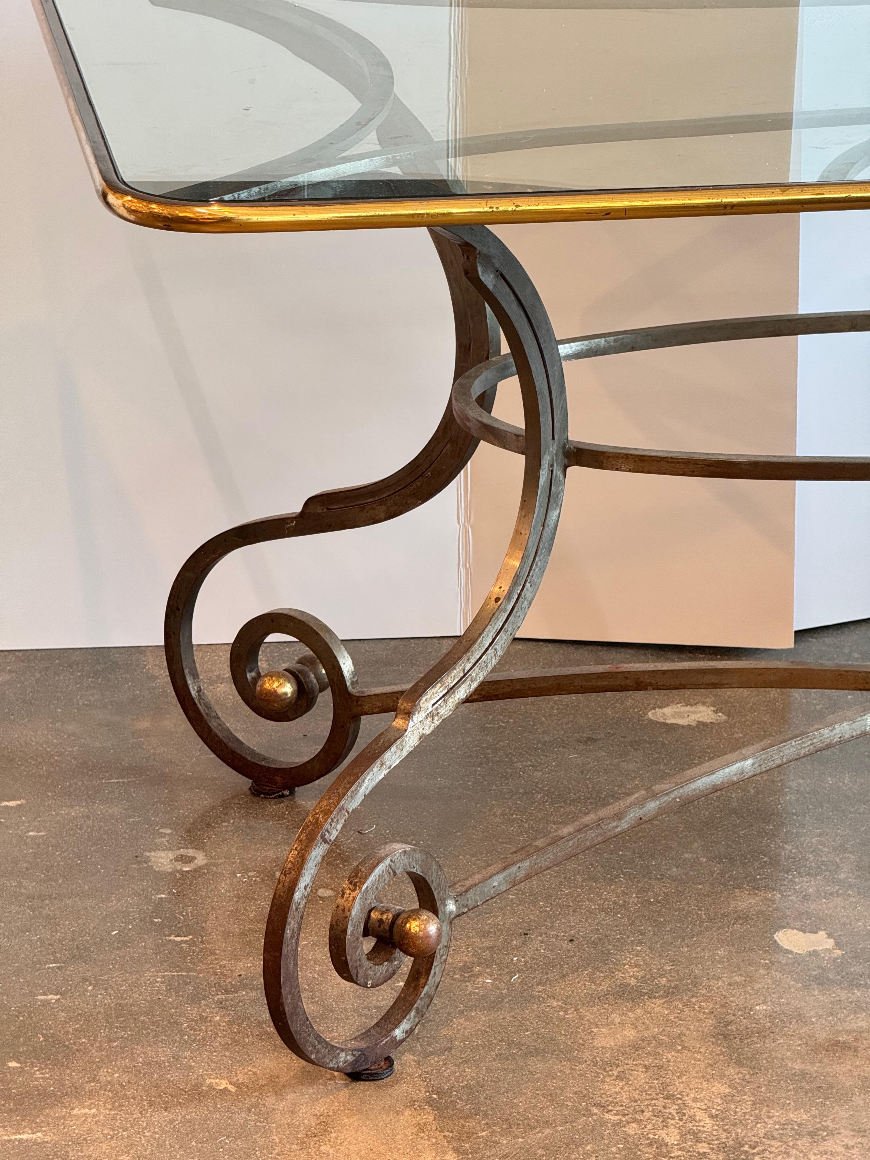 Francese 1950s Wrought Iron and Glass Scroll-Base Table in vendita