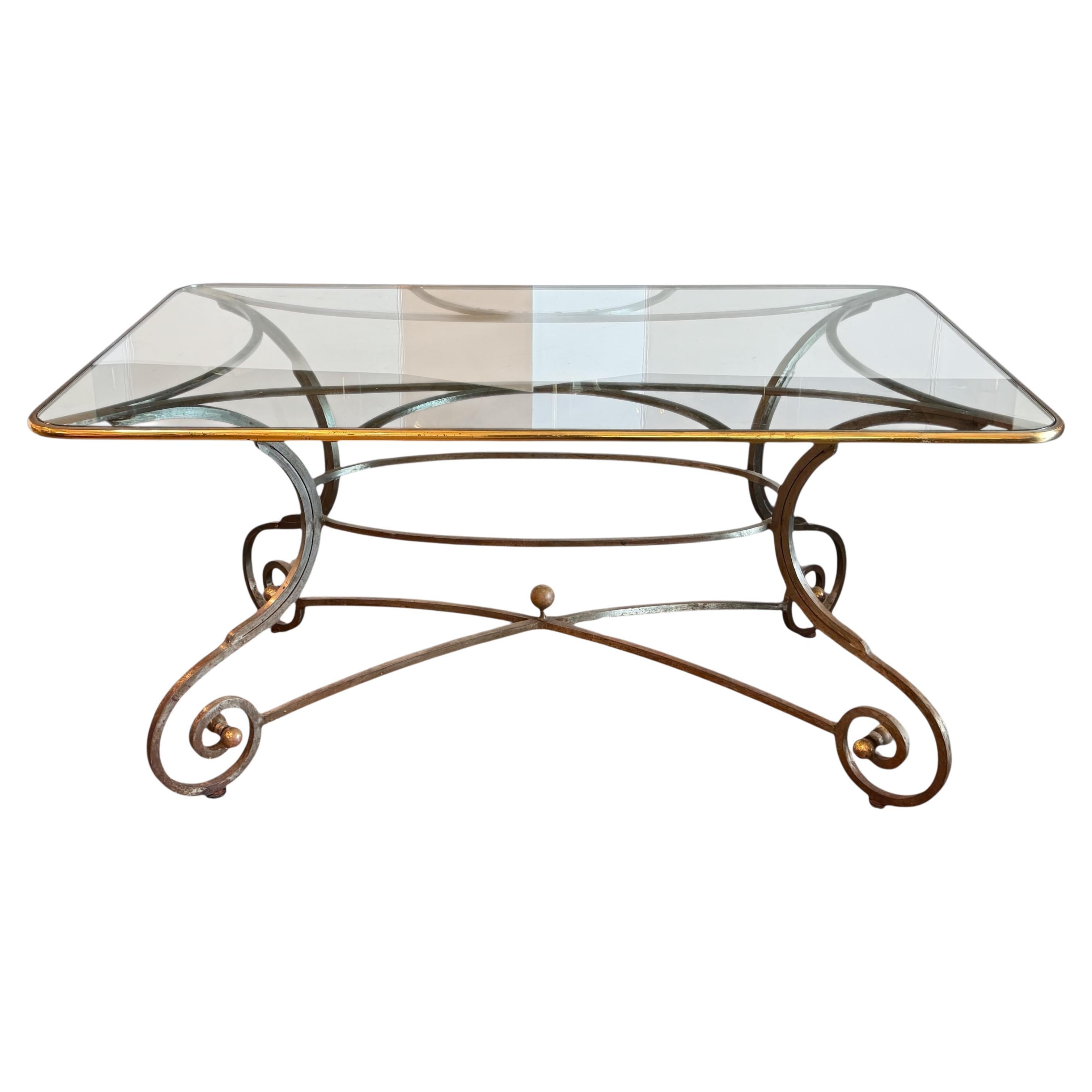 1950s Wrought Iron and Glass Scroll-Base Table