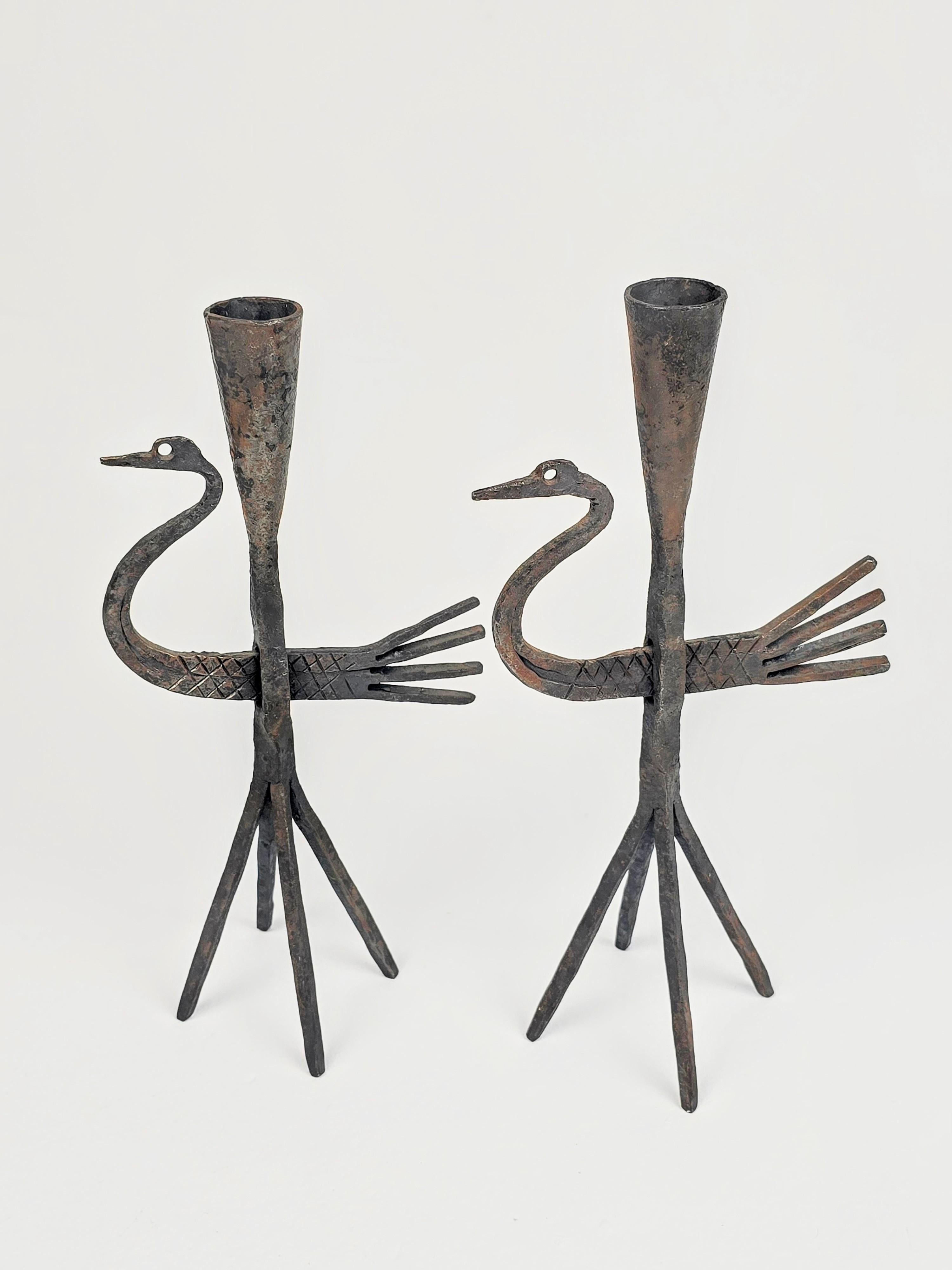 French 1950s Wrought Iron Bird Candelstick from Jean Touret , Atelier Marolles, France For Sale