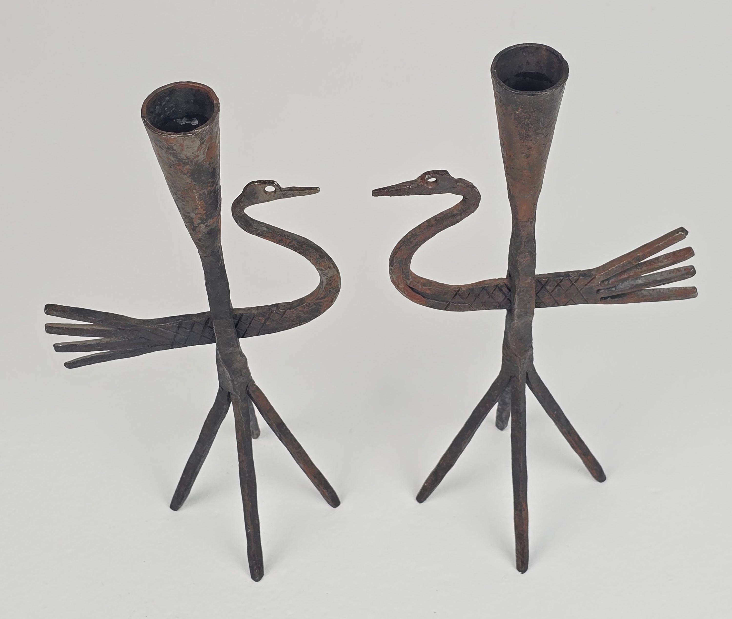 Hammered 1950s Wrought Iron Bird Candelstick from Jean Touret , Atelier Marolles, France For Sale